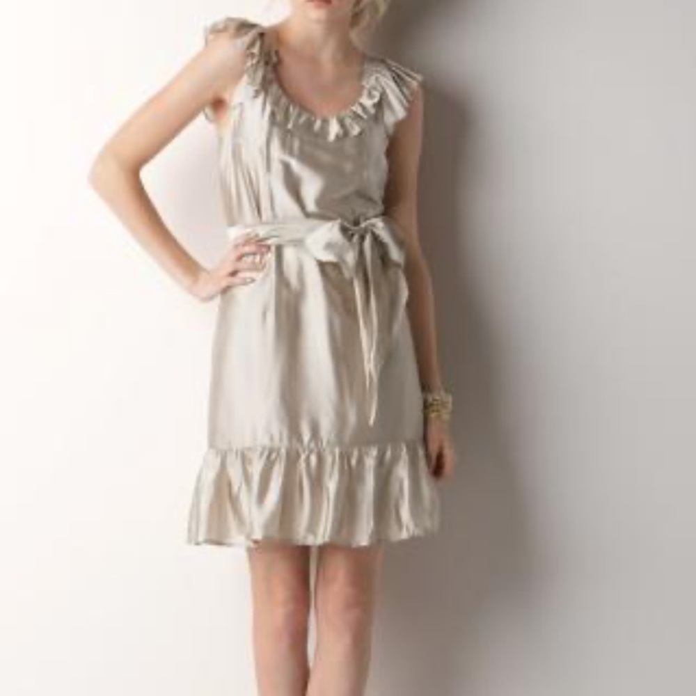 LOFT Gold Cream Ruffle Sleeveless Tie-Waist Dress